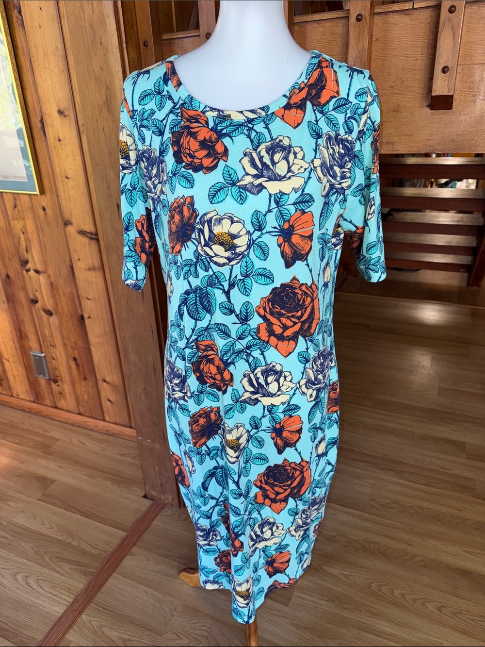 LuLaRoe Size XL floral Midi Dress in Aqua with Orange & Cream Roses